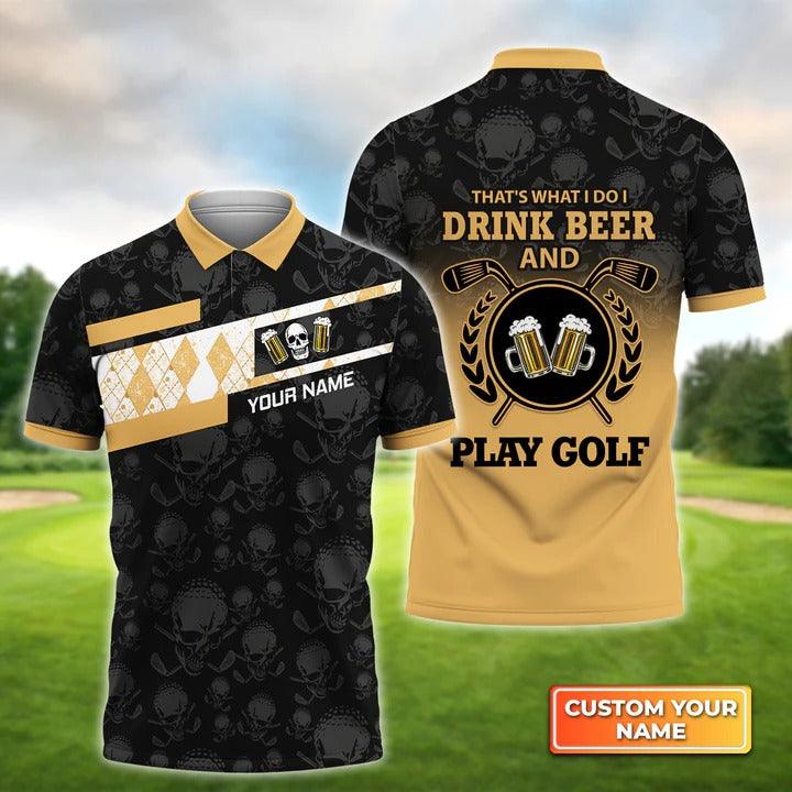 Customized Golf Men Polo Shirt, Skull I Drink Beer And Play Golf, Personalized Name Polo Shirt For Men - Perfect Gift For Golf Lovers, Golfers