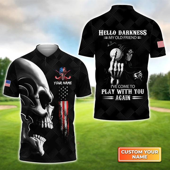 Customized Golf Men Polo Shirts, Skull Golf American Flag Hello Darkness, Personalized Name Golf Polo Shirt For Men - Best Gift For Golf Lovers, Golfers