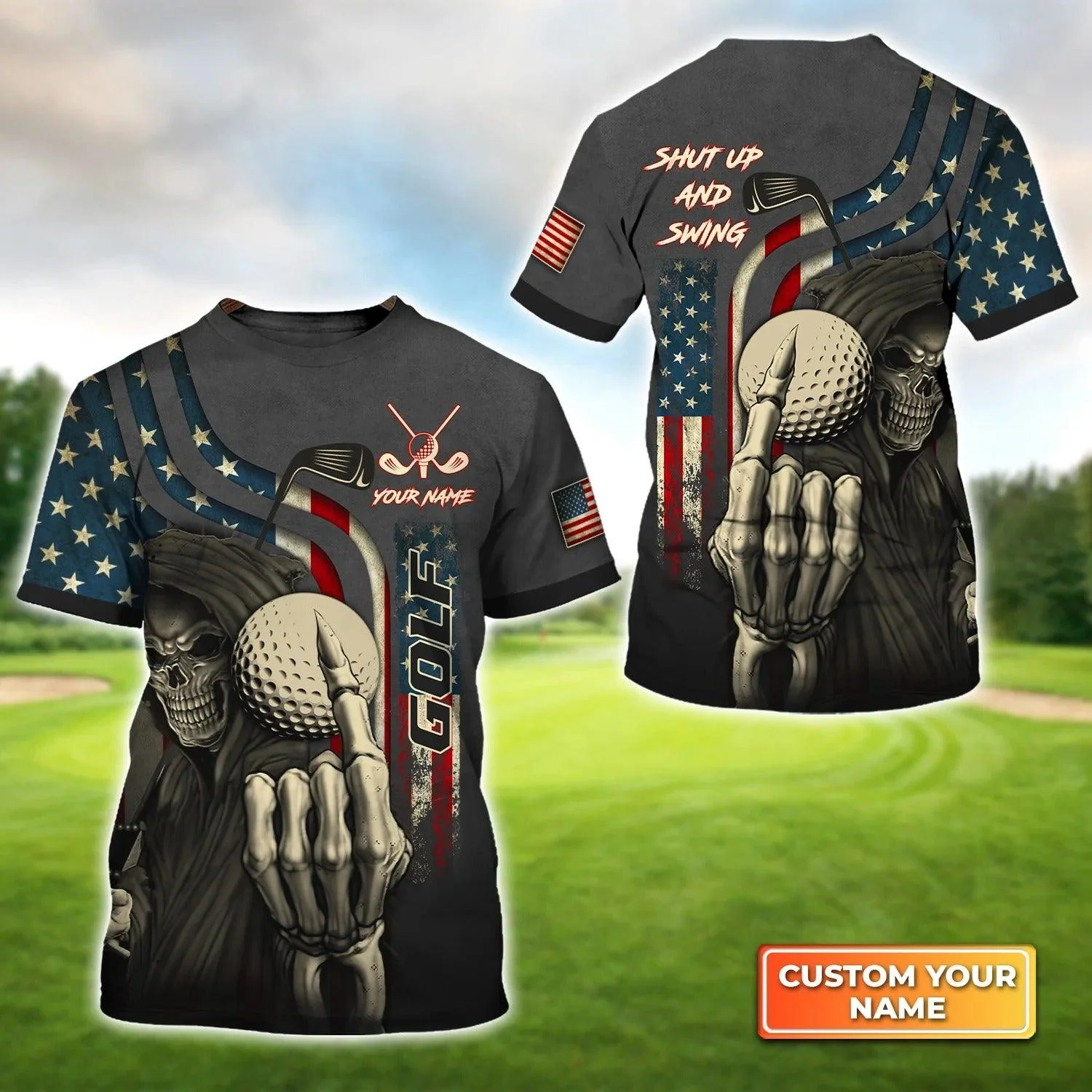 Customized Golf T Shirt, Personalized Name America Flag Skull Shut Up And Swing T Shirt For Golf Lovers - Perfect Gift For Golfer, Friend, Family