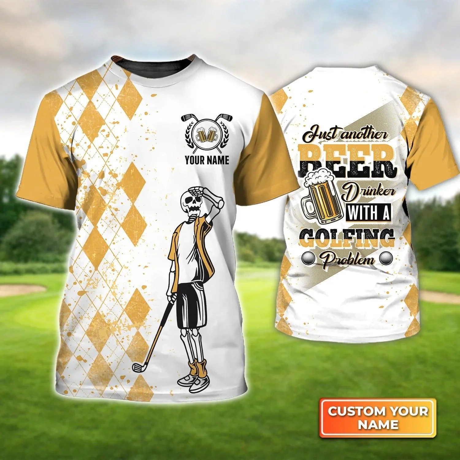 Customized Golf T Shirt, Personalized Name Drinker With A Golfing Problem Argyle Pattern T Shirt For Golf Lovers - Perfect Gift For Golfer, Friend