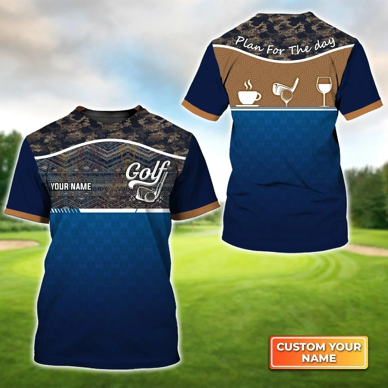 Customized Golf T Shirt, Personalized Name Golf Plan For The Day Blue Camo Pattern T Shirt For Golf Lovers - Perfect Gift For Golfer, Friend, Family
