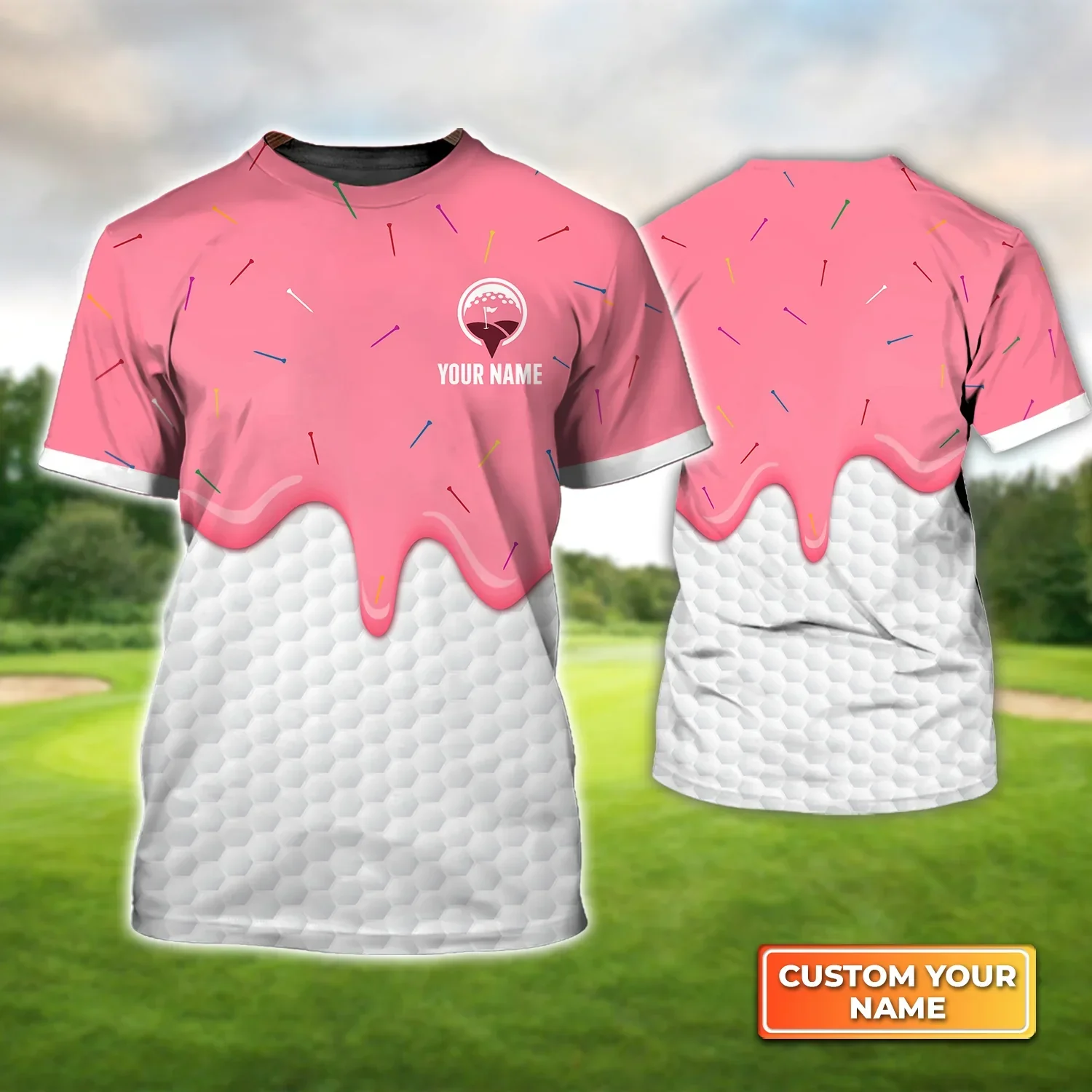 Customized Golf T Shirt, Personalized Name Pink Ice Cream Melting On Golf Ball Cone T Shirt For Golf Lovers - Perfect Gift For Golfer, Friend, Family
