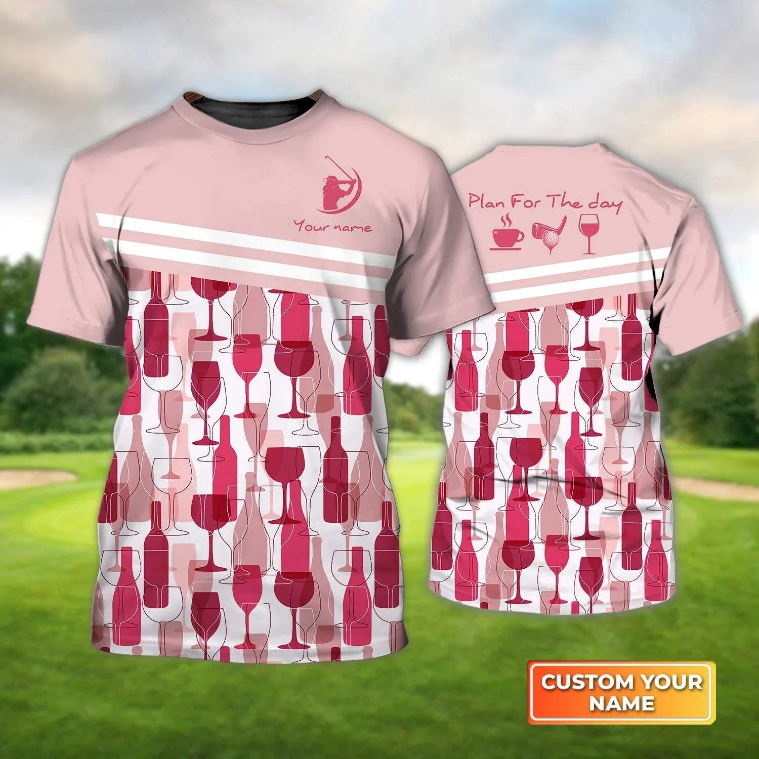Customized Golf T Shirt, Personalized Name Plan For The Day Coffee Golf Wine Seamless Pattern T Shirt For Golf Lovers - Perfect Gift For Golfer
