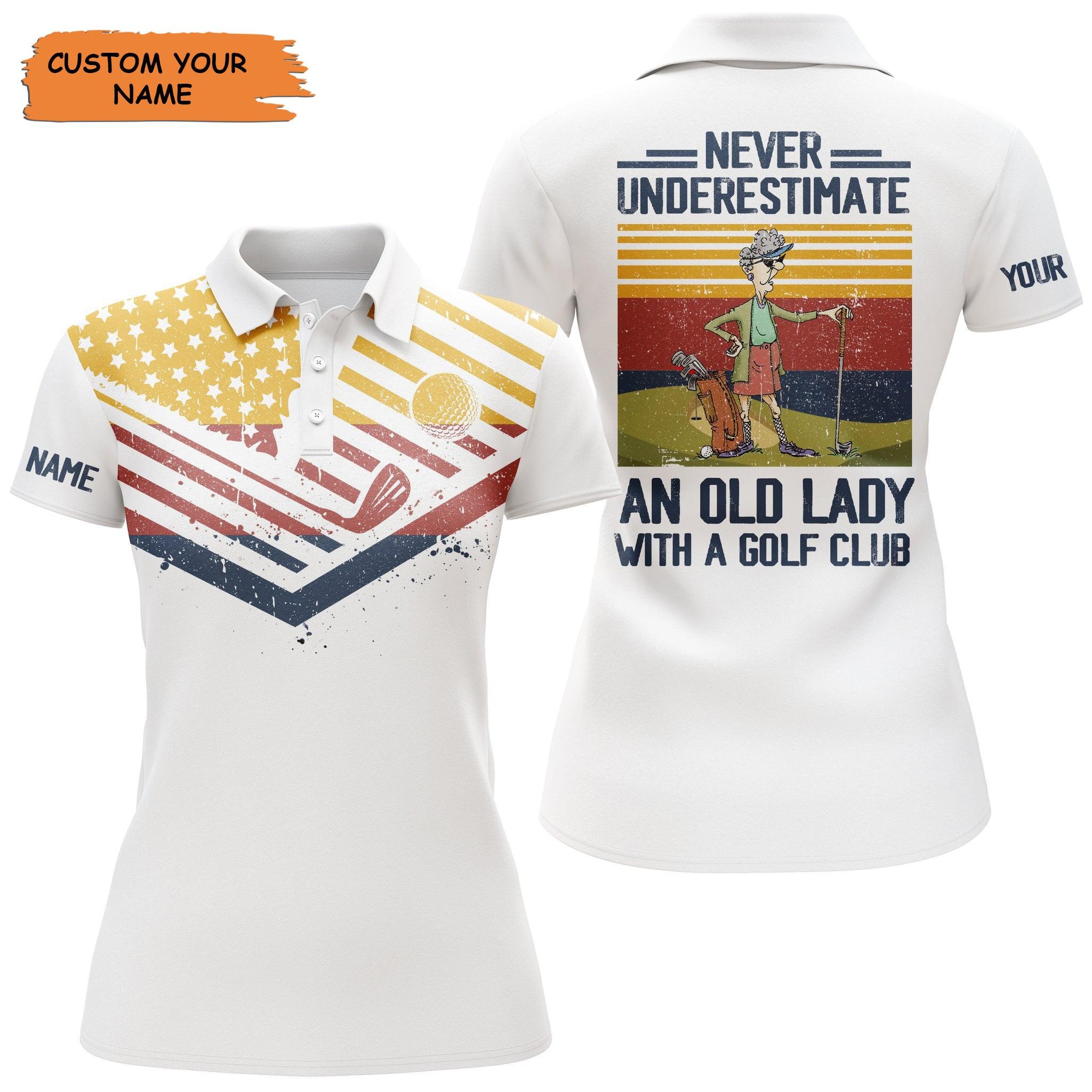 Customized Golf Women Polo Shirt,  Vintage American Flag Personalized An Old Lady With A Golf Club - Perfect Gift For Ladies, Golf Lovers, Golfers