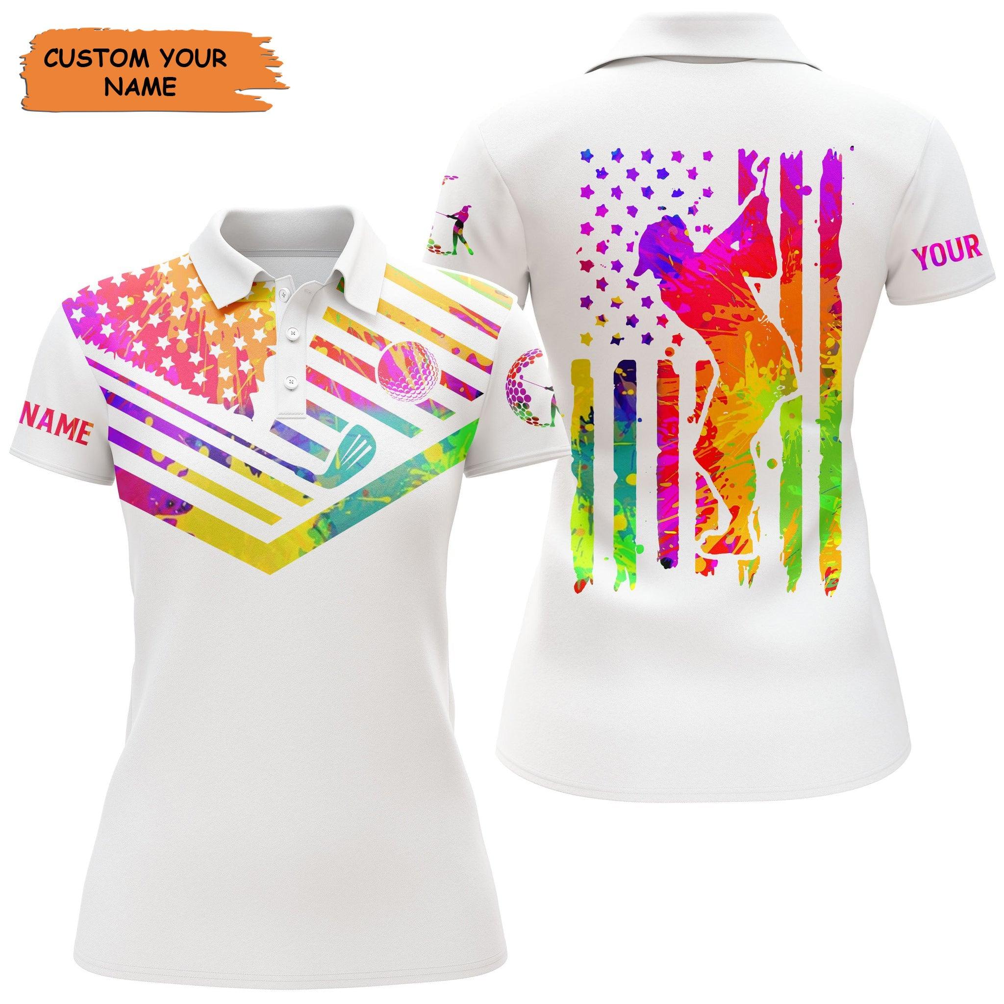 Customized Golf Women Polo Shirt, Watercolor American Flag Custom Name White Women Golf Shirts - Perfect Gift For Ladies, Golf Lovers, Golfers