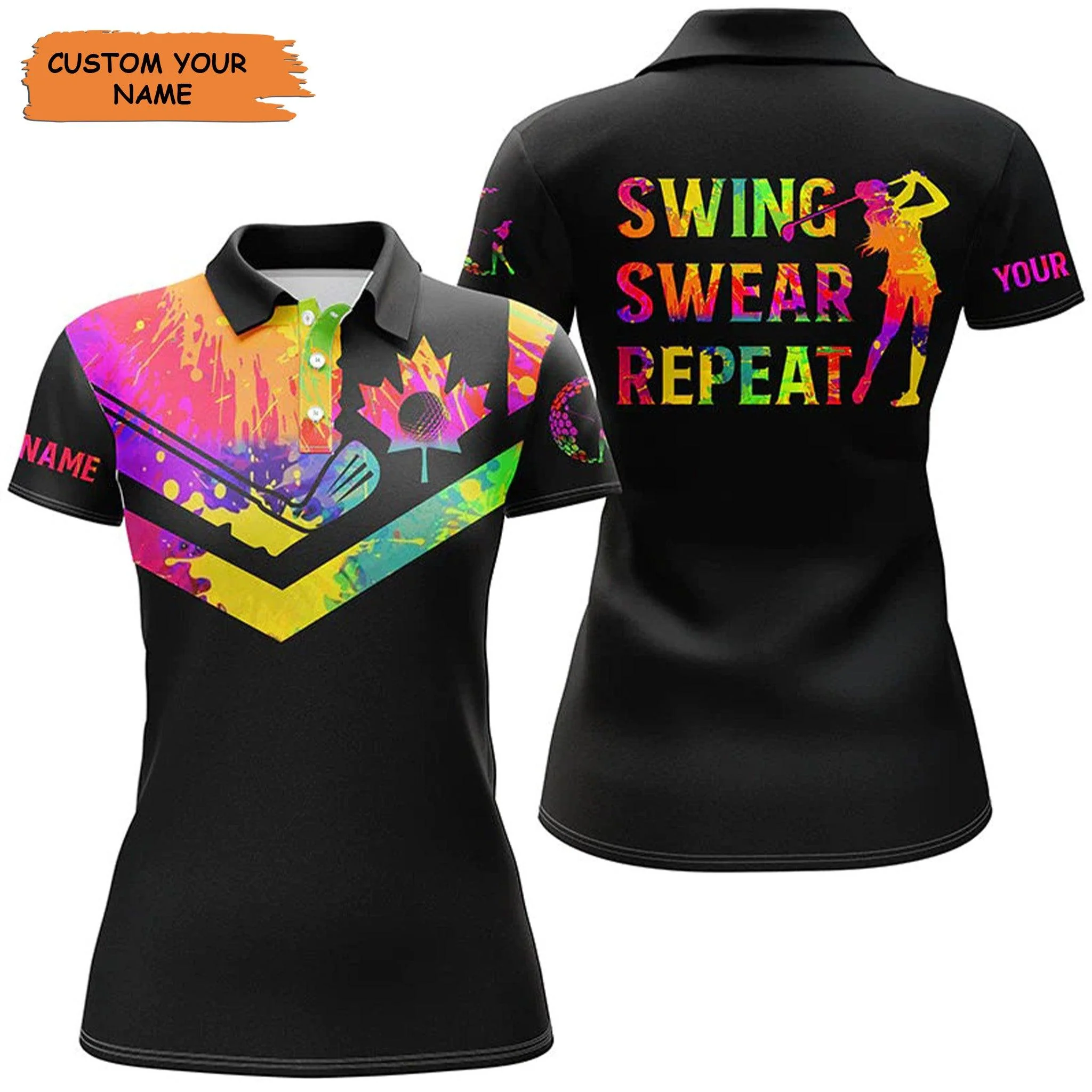 Customized Golf Women Polo Shirt, Watercolor Canadian Flag Personalized Swing Swear Repeat Black Shirts - Perfect Gift For Ladies, Golf Lovers, Golfers