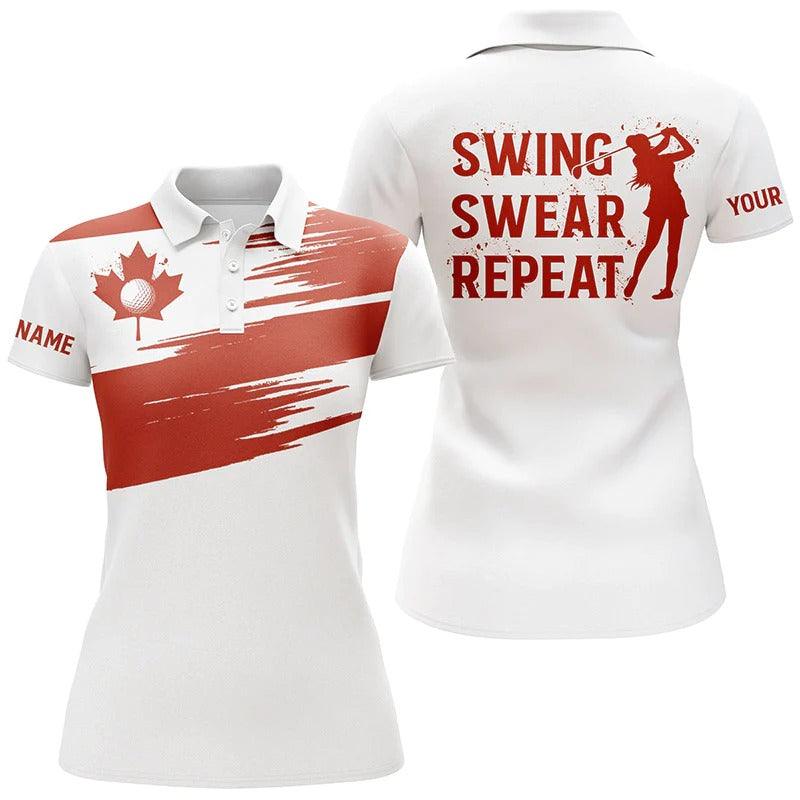 Customized Golf Women Polo Shirts, Canada Flag Patriot Personalized Swing Swear Repeat White Golf Shirt - Perfect Gift For Ladies, Golf Lovers, Golfers - Image 2