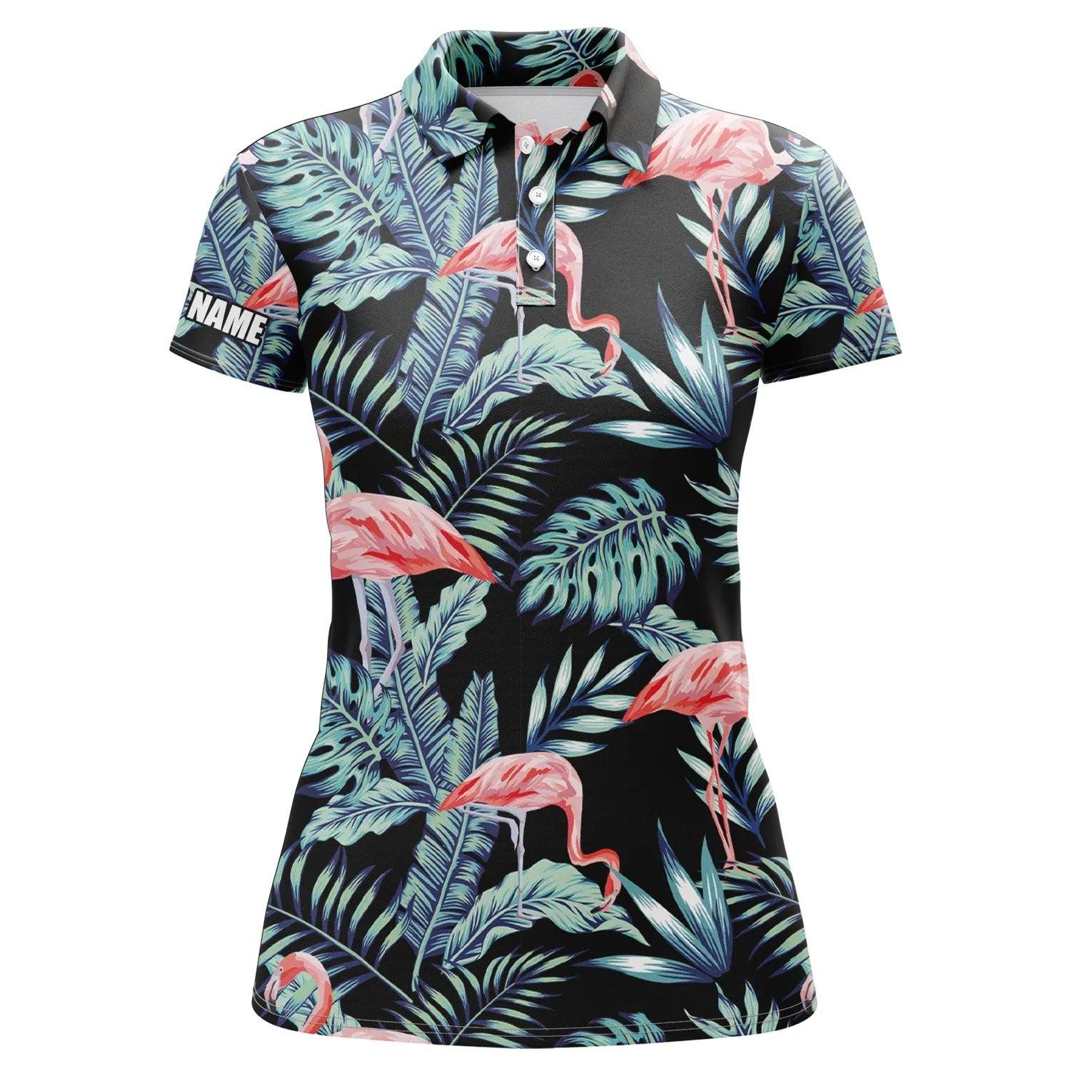 Customized Women Polo Shirts, Personalized Blue Forest Pattern Pink Flamingo Shirts - Perfect Gift For Ladies, Friends, Family - Image 2
