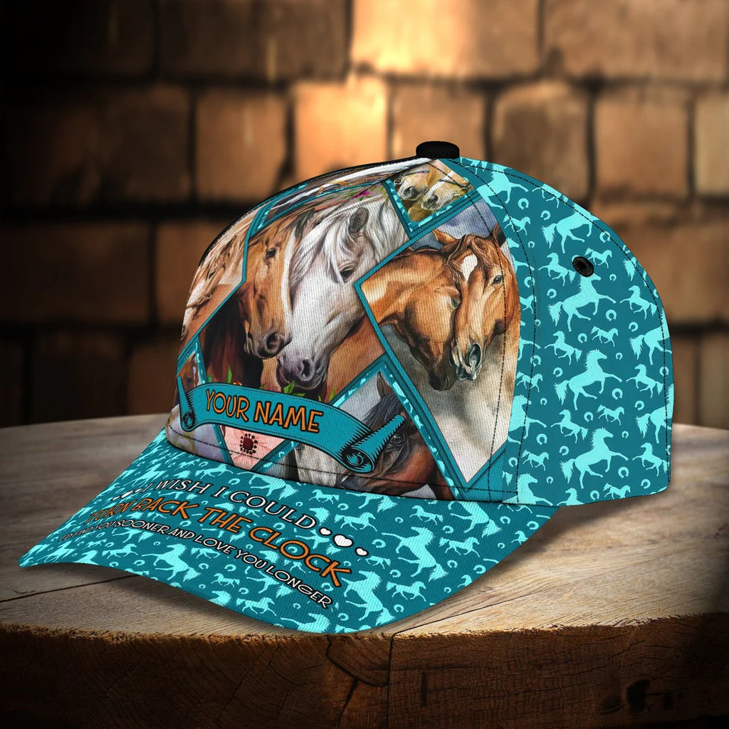 Customized Horse Couple Caps Hat, Horse Cyan Pattern I Wish I Could Turn Back The Clock Hat, Best Hat Gift For Men Women - Image 3