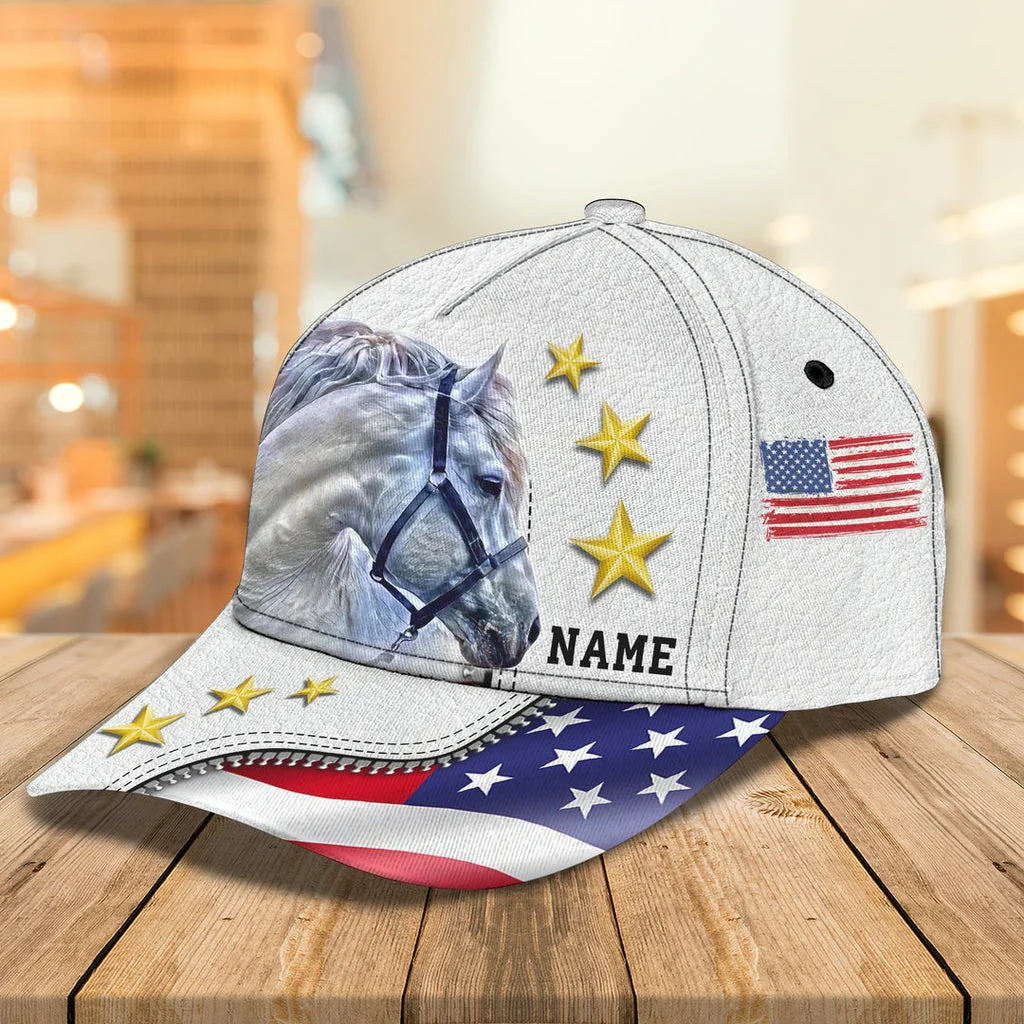 Customized Horse Patriotic Classic Caps Hat, White Horse American Flag Caps, Best Hat Gift For Men Women 4th July - Image 3