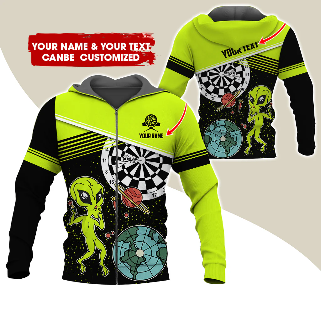 Customized Name Alien Darts Premium Zip Hoodie, Personalized Name & Text Darts Zip Hoodie For Men & Women - Gift For Darts Lovers, Darts Players - Image 12