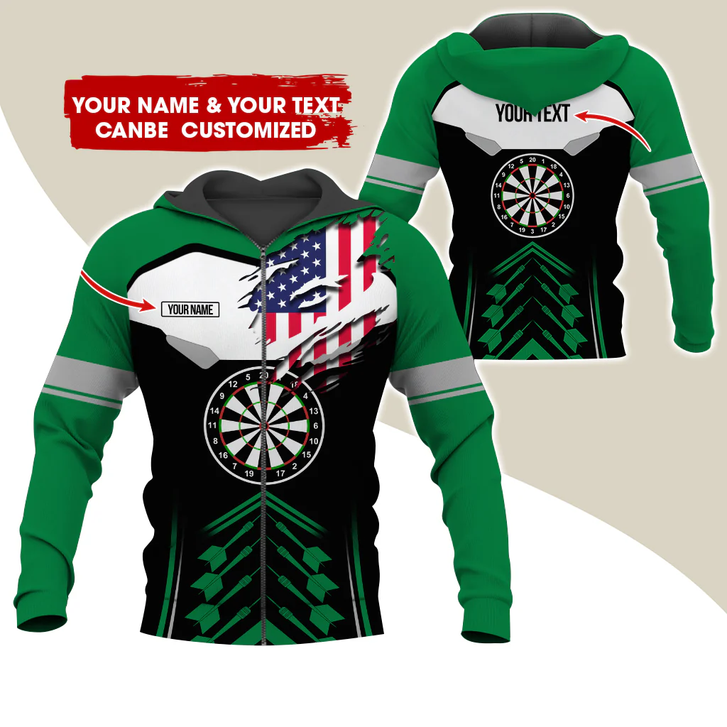 Customized Name American Flag Darts Premium Zip Hoodie, Personalized Black Pattern Zip Hoodie For Men & Women - Gift For Darts Lovers, Darts Players - Image 2