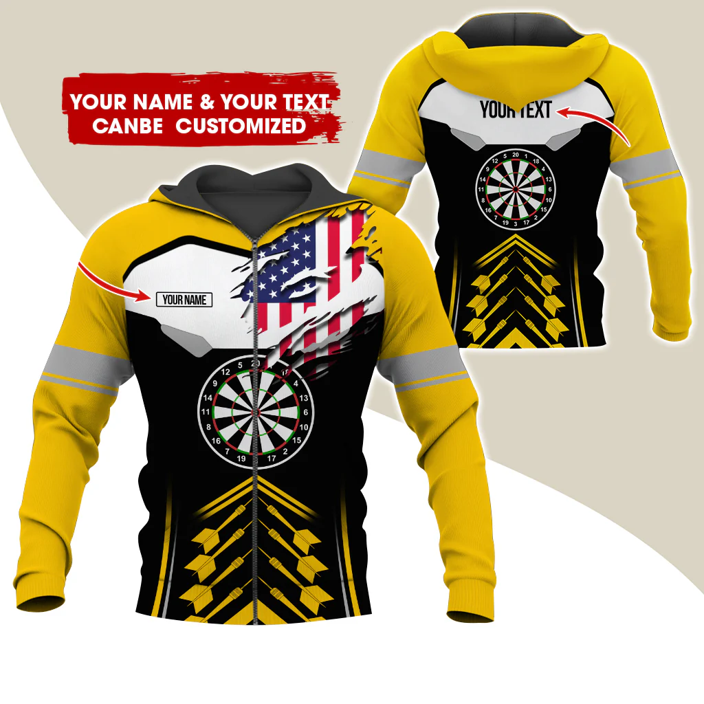 Customized Name American Flag Darts Premium Zip Hoodie, Personalized Black Pattern Zip Hoodie For Men & Women - Gift For Darts Lovers, Darts Players - Image 9