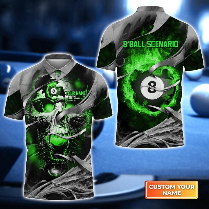 Customized Name Billiard Men Polo Shirt, Scenario Green Skull Reaper Personalized Polo Shirt - Gift For Billiard Players, Billiard Lovers