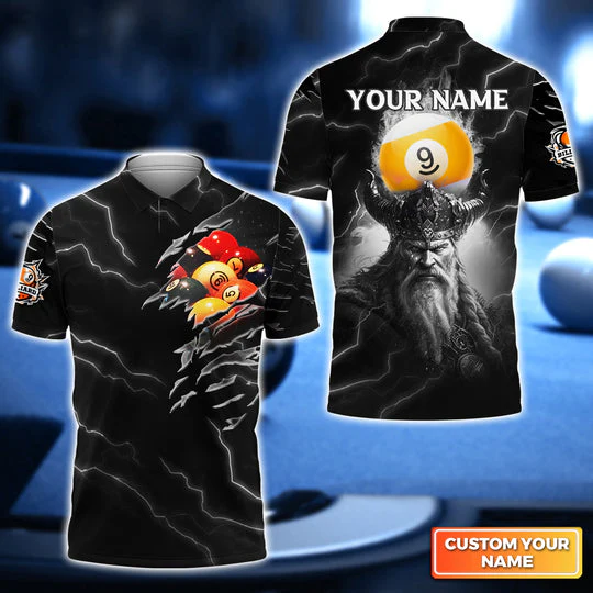 Customized Name Billiard Men Polo Shirt, Thunder Viking Billiard Pool 9 Ball Polo Shirt - Gift For Billiard Players, Billiard Lovers