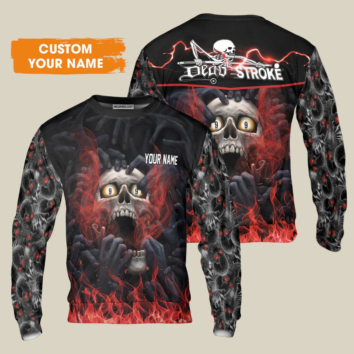 Customized Name Billiard Sweatshirt, Dead Stroke Pool 9 Ball Skull On Fire Sweatshirt - Gift For Billiard Players - Image 2