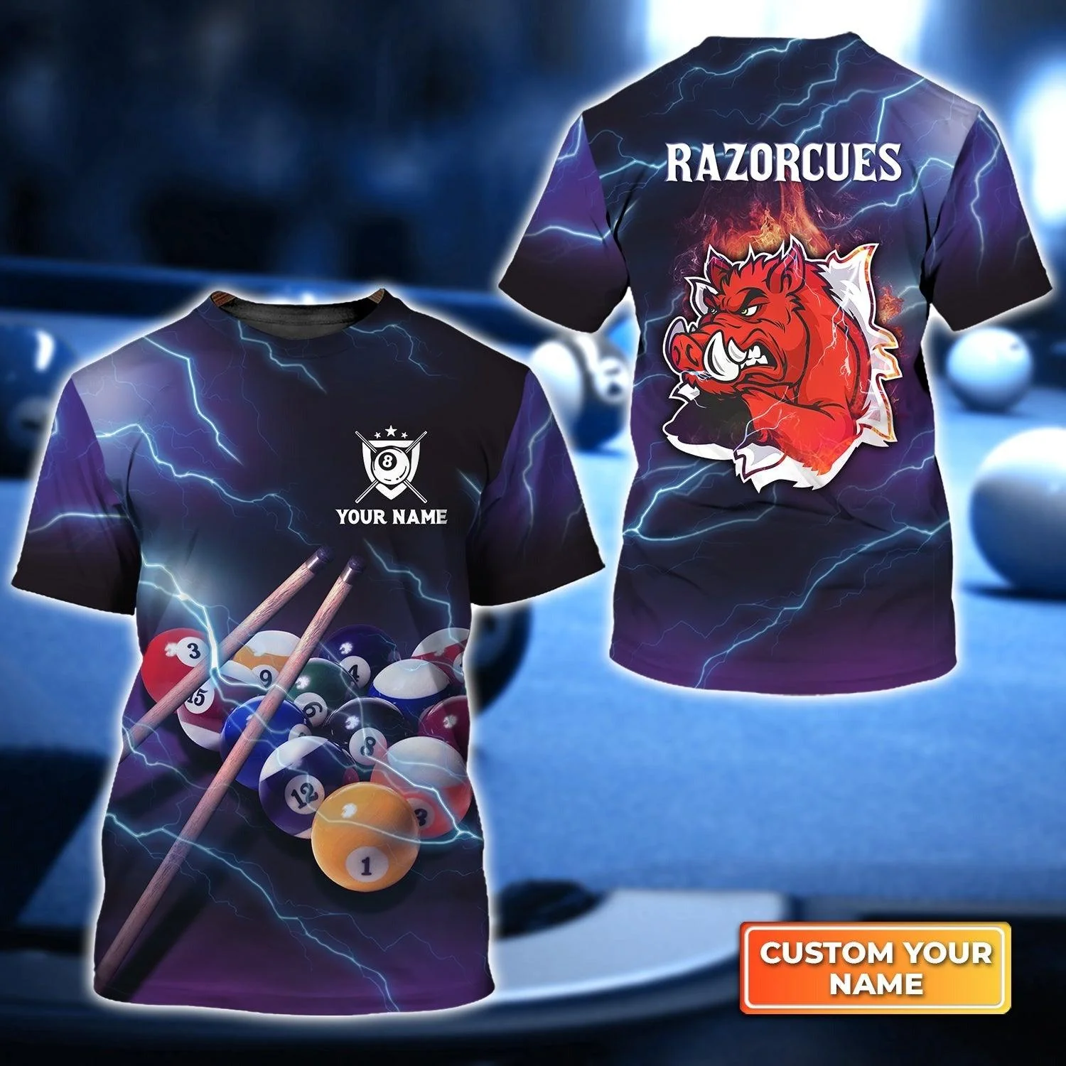Customized Name Billiard T Shirt, Razorback Pig Lightning Billiard Pool 8 Ball T Shirt For Men - Gift For Billiard Lovers, Billiard Players