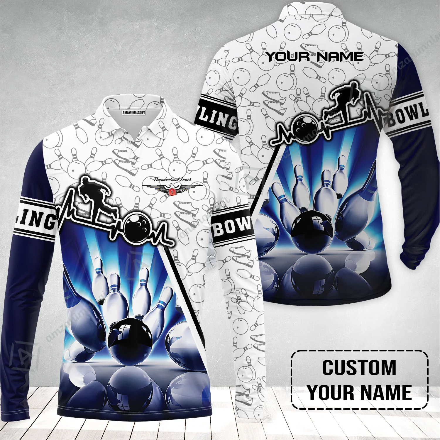 Customized Name Bowling Long Polo Shirt, Personalized Unique Design Blue Heartbeat Bowling Long Polo Shirt - Image 2