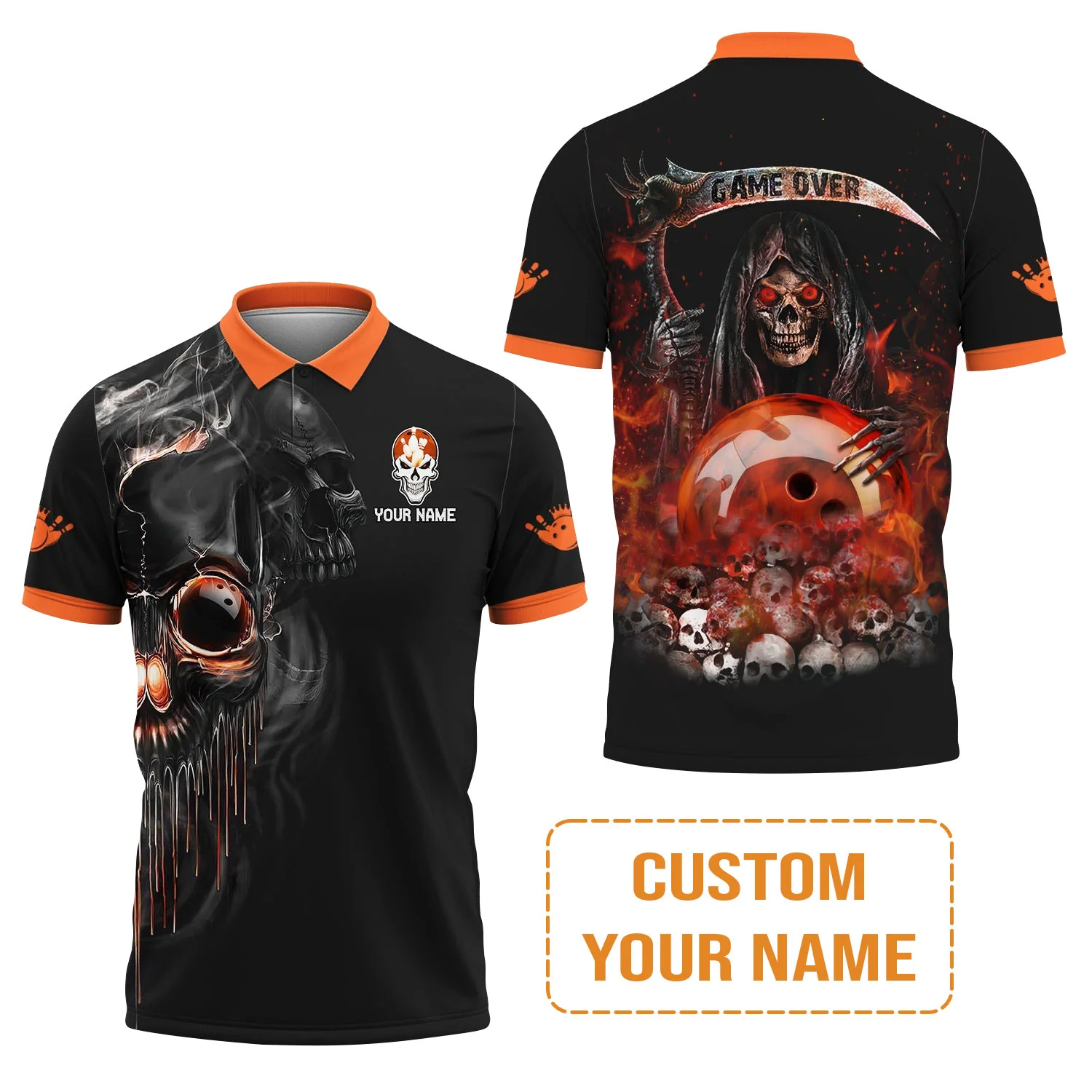 Customized Name Bowling Men Polo Shirt, Orange Grim Reaper Personalized Bowling Polo Shirt - Gift For Bowling Players Uniforms, Bowling Lovers - Image 2