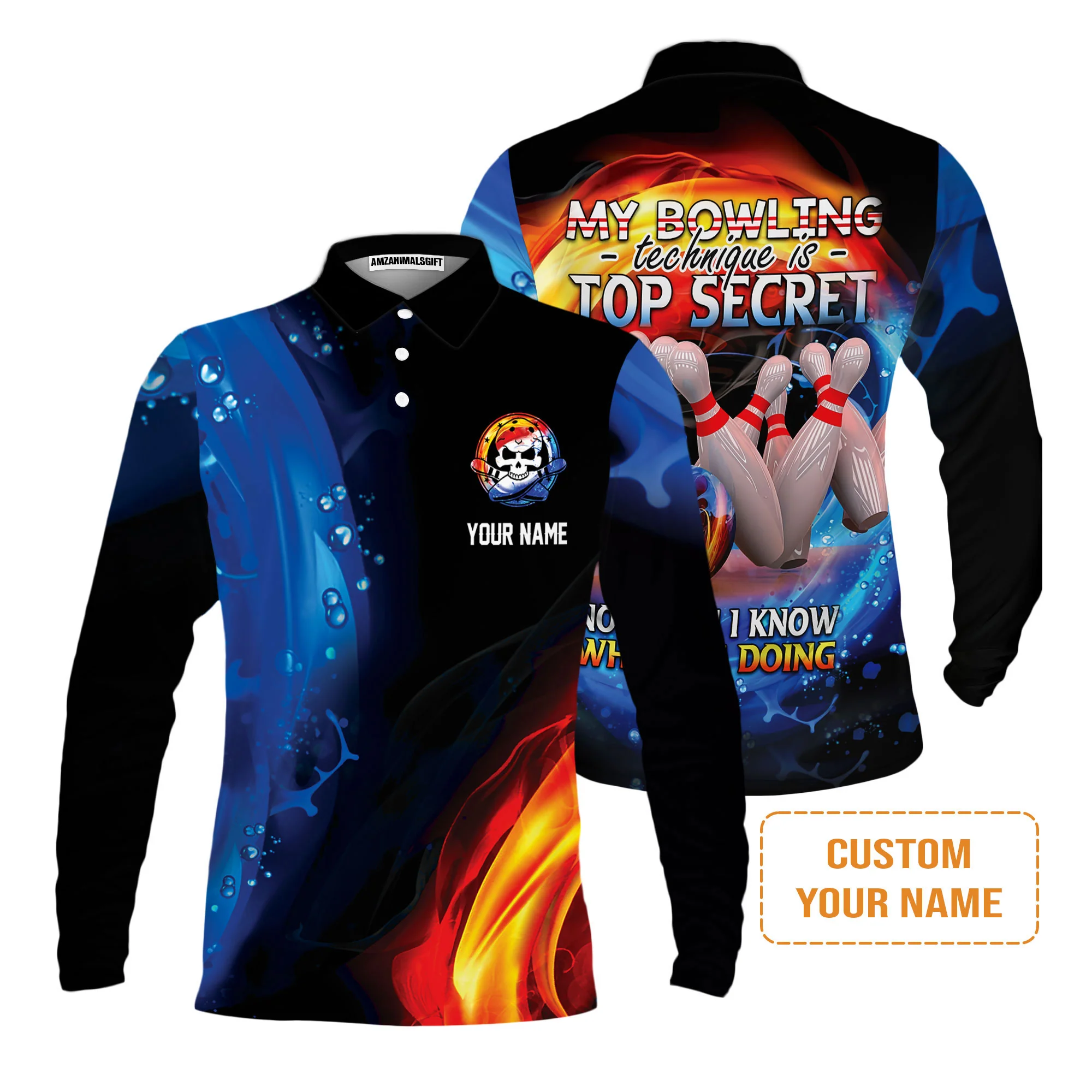 Customized Name Bowling Men's Long Sleeve Polo Shirt, My Bowling Technique is Top Secret Personalized Bowling Men's Long Sleeve Polo Shirt - Image 2