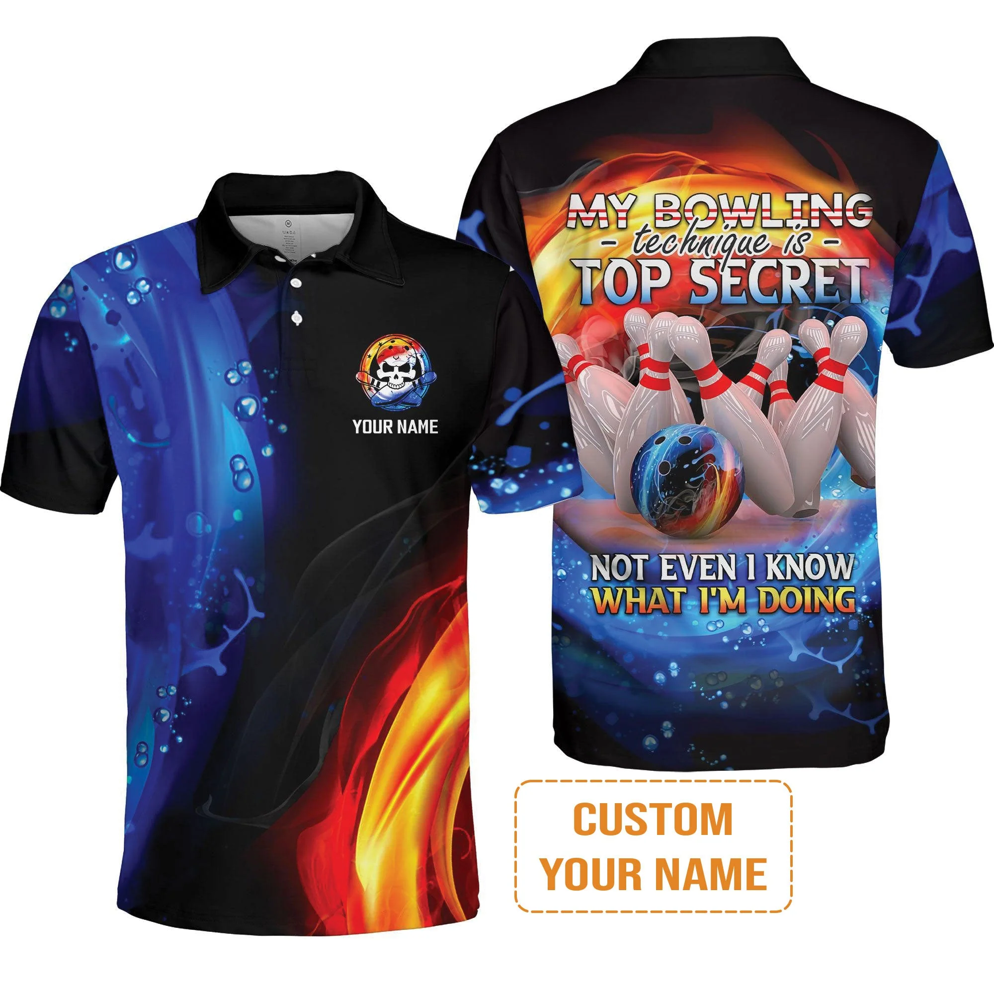 Customized Name Bowling Men's Long Sleeve Polo Shirt, My Bowling Technique is Top Secret Personalized Bowling Men's Long Sleeve Polo Shirt - Image 3