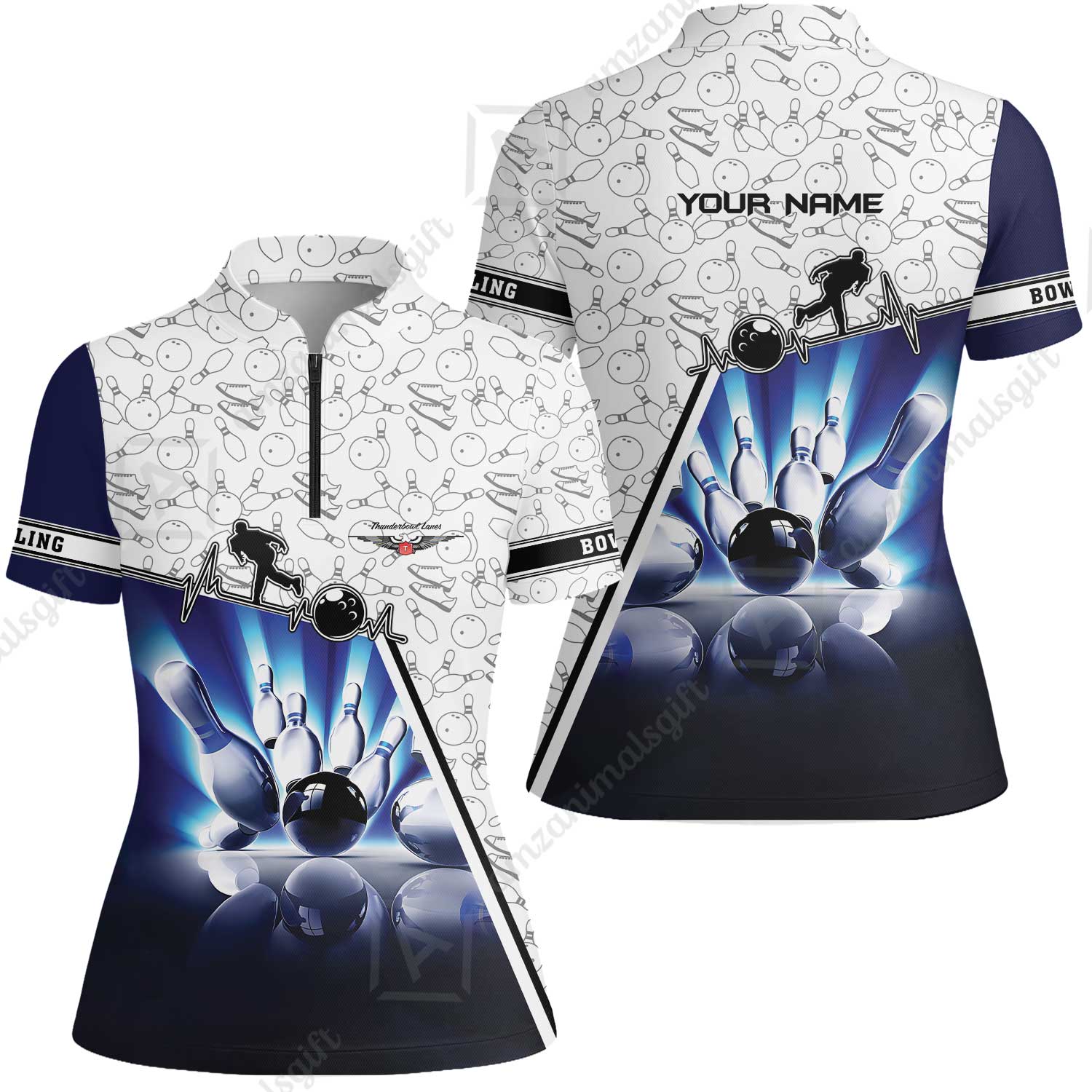 Customized Name Bowling Polo Shirt, Personalized Unique Design Blue Heartbeat Bowling Polo Shirt - Image 13