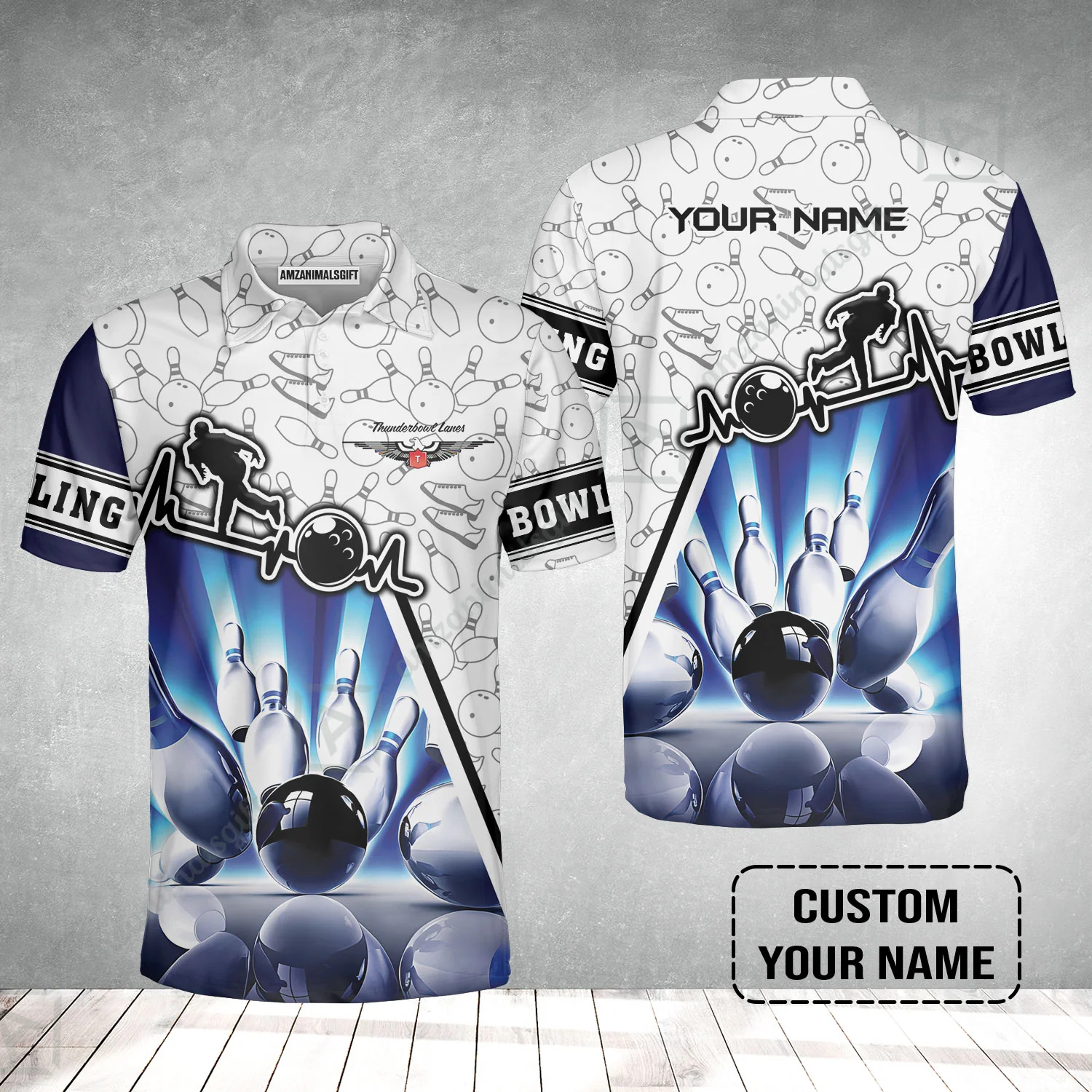Customized Name Bowling Polo Shirt, Personalized Unique Design Blue Heartbeat Bowling Polo Shirt - Image 2