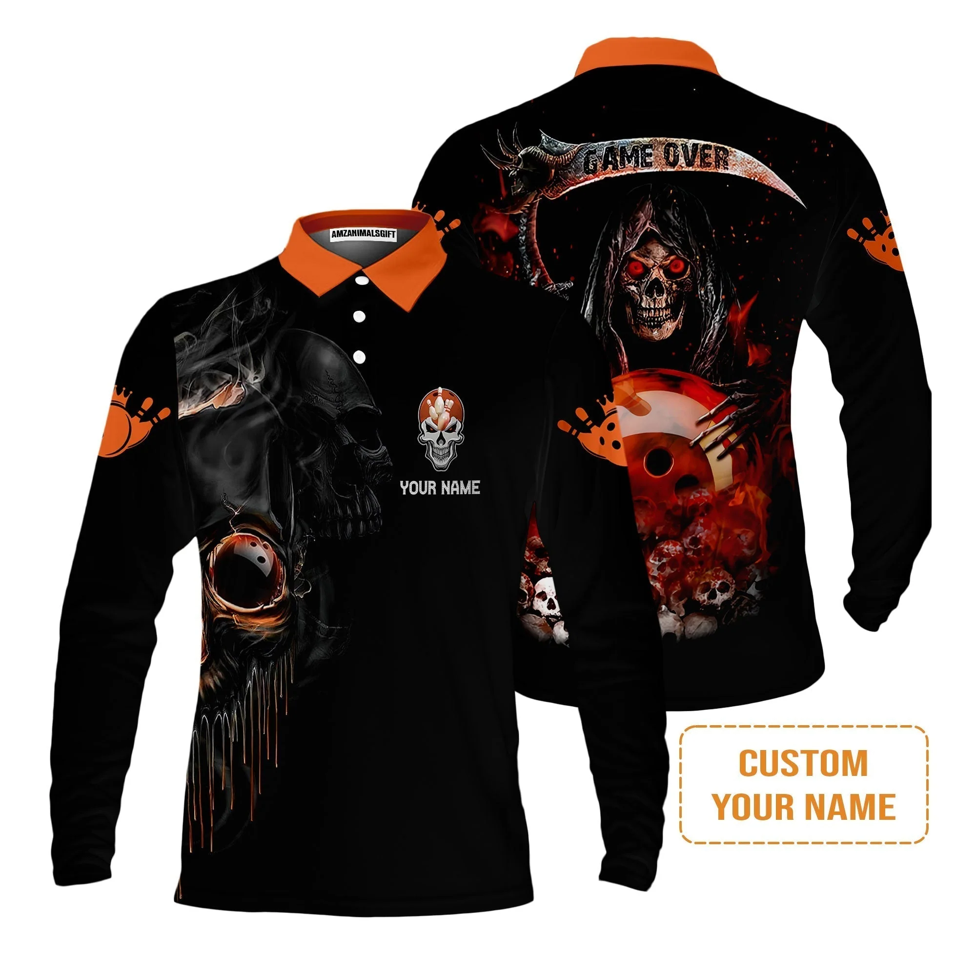 Customized Name Bowling Sweatshirt, Orange Grim Reaper Personalized Bowling Sweatshirt - Image 5