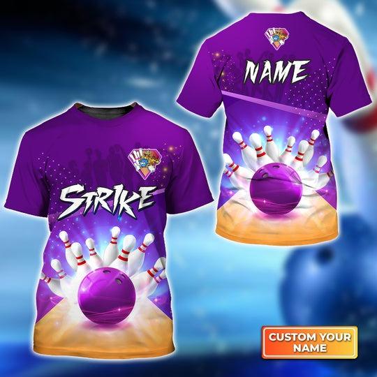 Customized Name Bowling T Shirt, Bowling Strike Pin And Purple Ball Personalized Bowling T Shirt For Men - Gift For Bowling Lovers