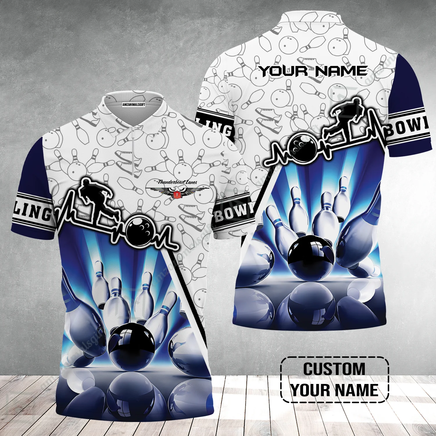 Customized Name Bowling Zip Polo Shirt, Personalized Unique Design Blue Heartbeat Bowling Zip Polo Shirt - Image 2