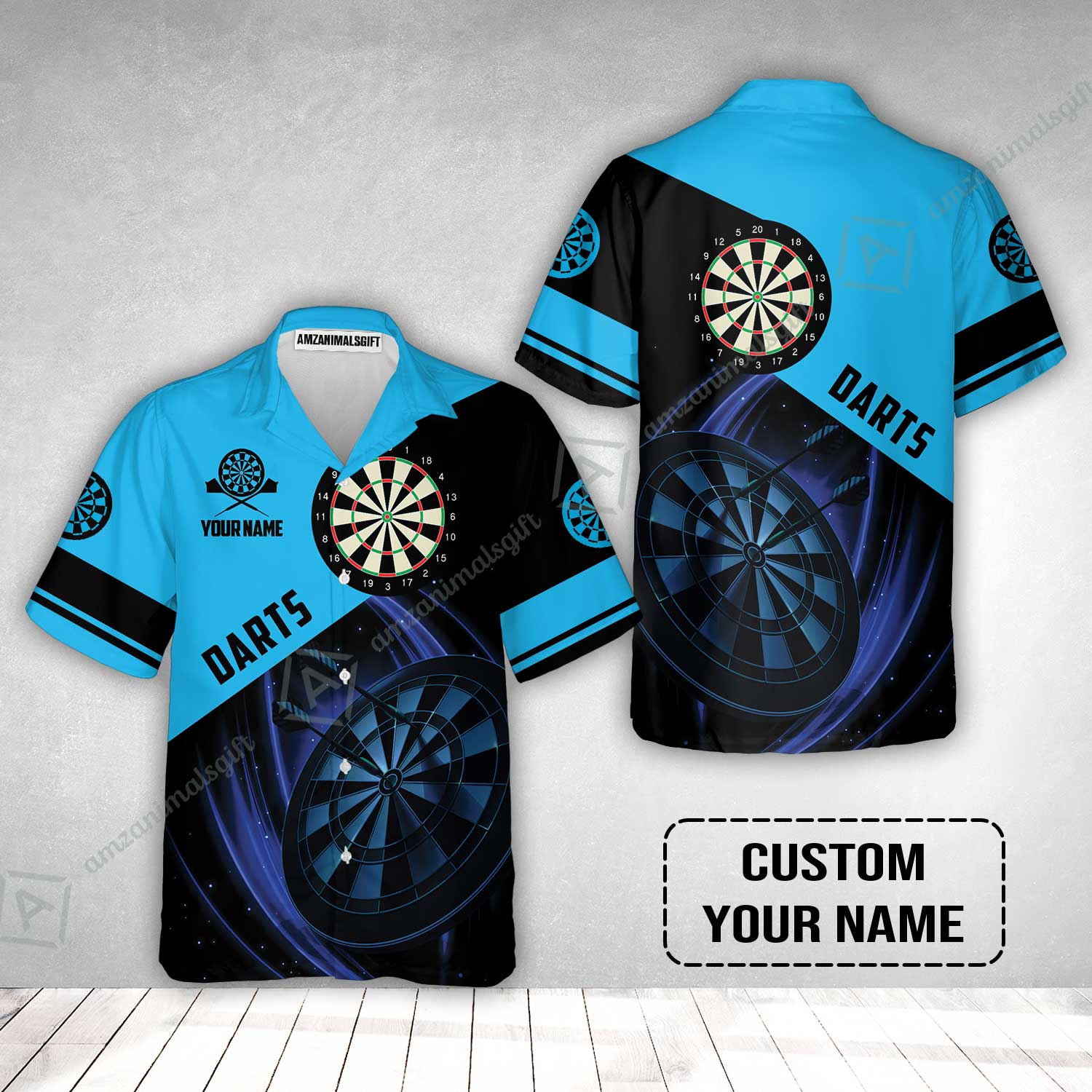 Customized Name Darts Hawaiian Shirt, Dartboard Personalized Name Blue Darts Team Hawaiian Shirt - Image 2
