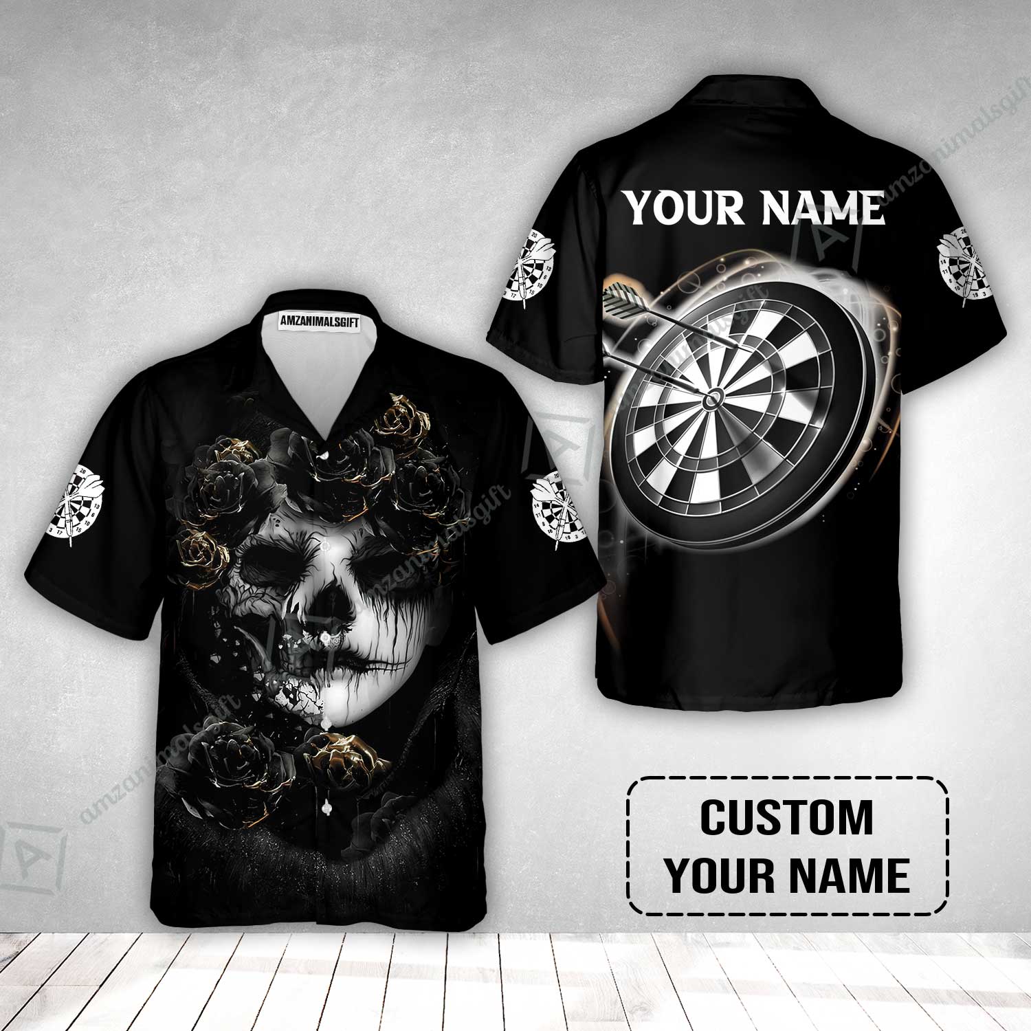 Customized Name Darts Hawaiian Shirt, Flower Skull Girl And Dartboard Personalized Hawaiian Shirt - Image 2
