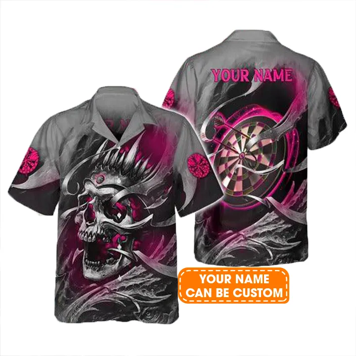 Customized Name Darts Hawaiian Shirts, Pink Skull Dartboard Personalized Name Darts Aloha Shirts For Men - Gift For Darts Lovers, Darts Team Players - Image 2