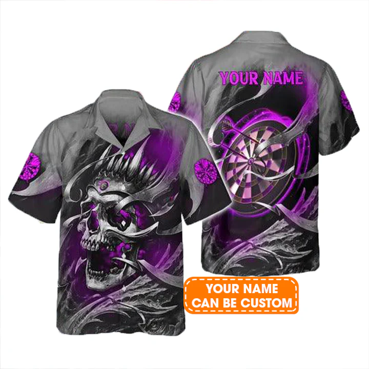 Customized Name Darts Hawaiian Shirts, Purple Skull Dartboard Personalized Name Darts Aloha Shirts For Men - Gift For Darts Lovers, Darts Team Players - Image 2
