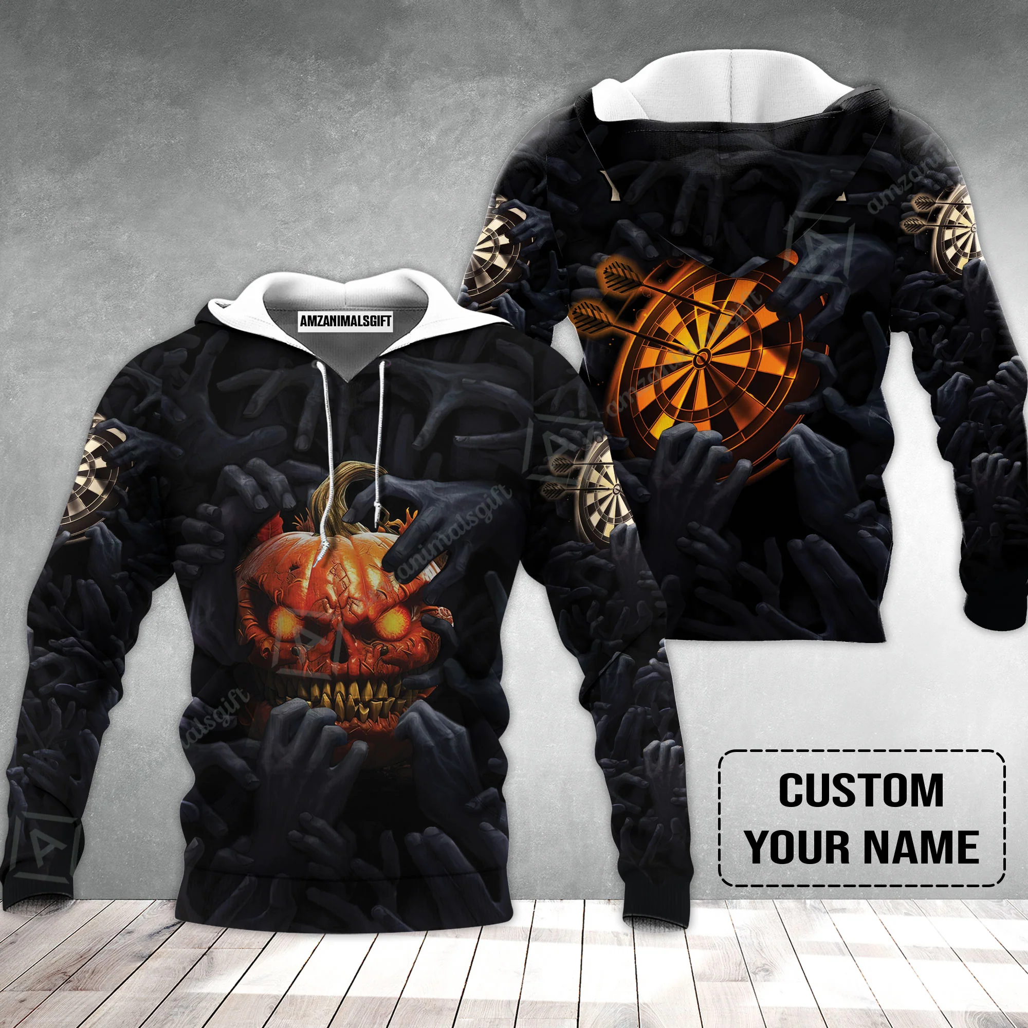 Customized Name Darts Hoodie, Bullseye Dartboard Personalized Pumpkin And Darts Hoodie - Image 2