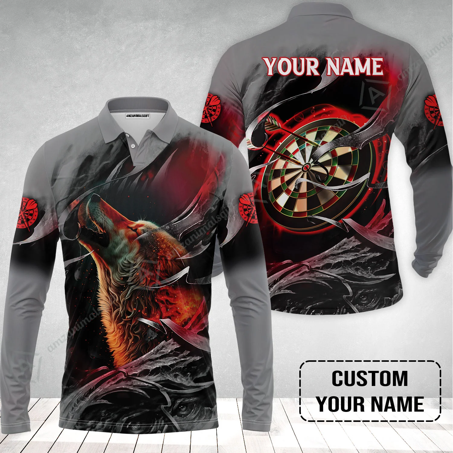 Customized Name Darts Long Polo Shirt, Bullseye Dartboard Personalized Flame Wolf And Darts Long Polo Shirt - Image 2