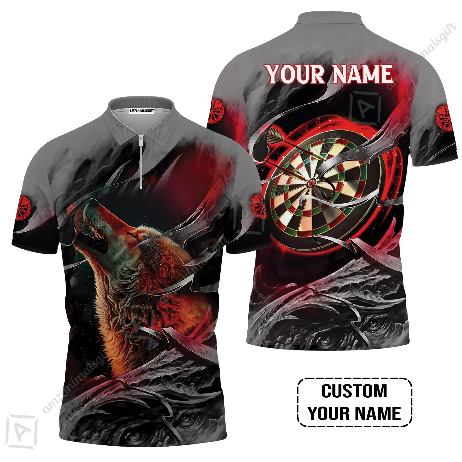 Customized Name Darts Long Polo Shirt, Bullseye Dartboard Personalized Flame Wolf And Darts Long Polo Shirt - Image 4