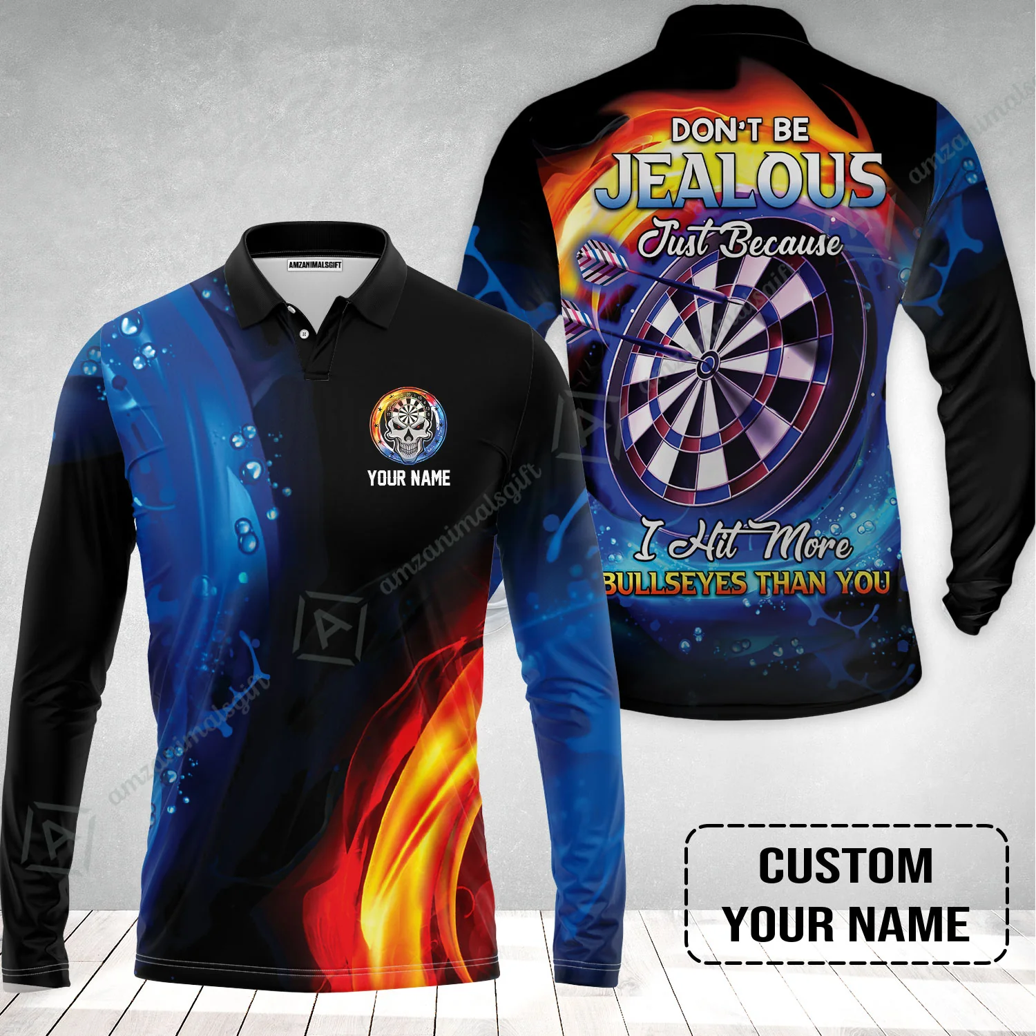 Customized Name Darts Long Polo Shirt, Don't Be Jealous Personalized Skull Logo And Darts Long Polo Shirt - Image 2