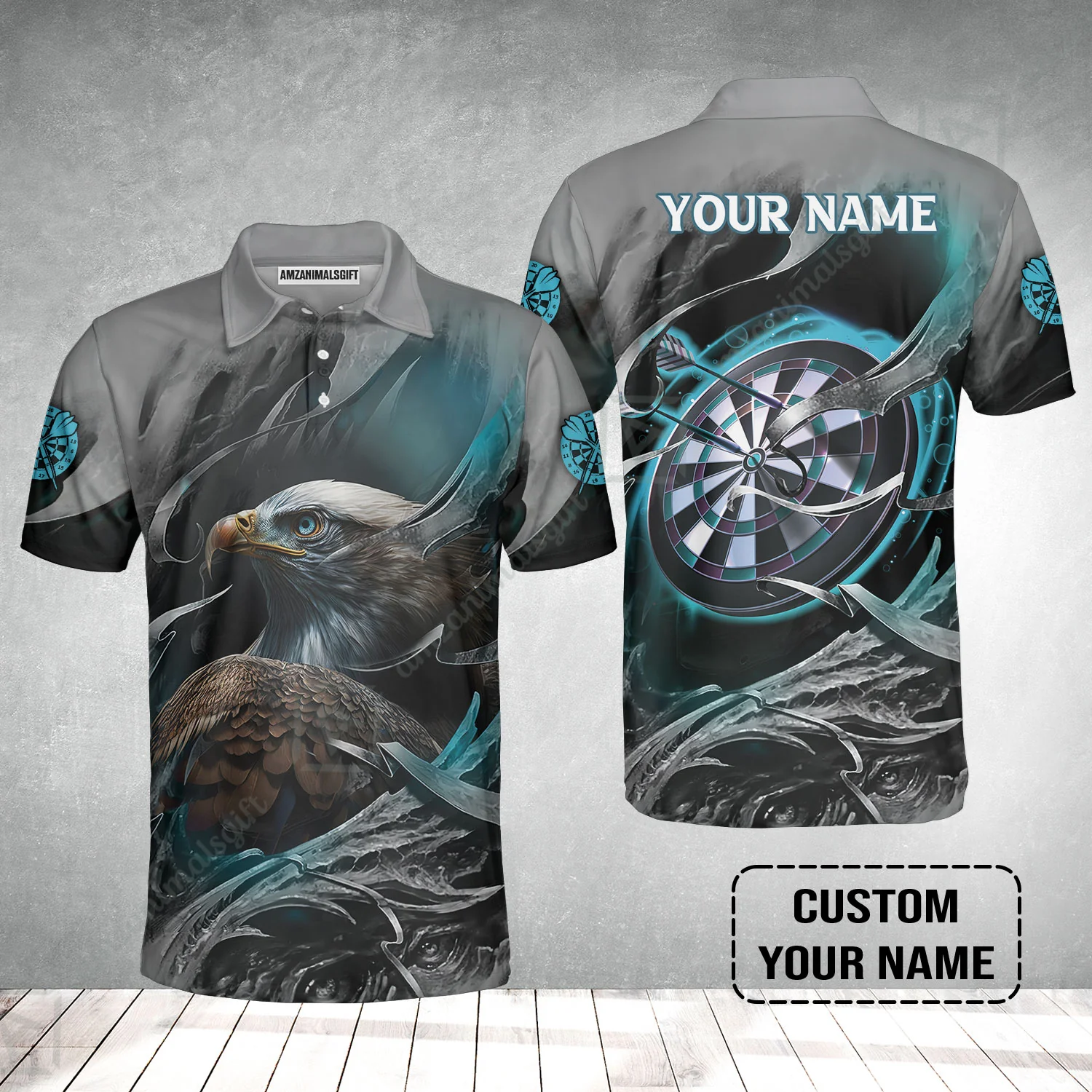 Customized Name Darts Men Polo Shirt, Bullseye Dartboard Personalized Eagle And Darts Polo Shirt - Image 2