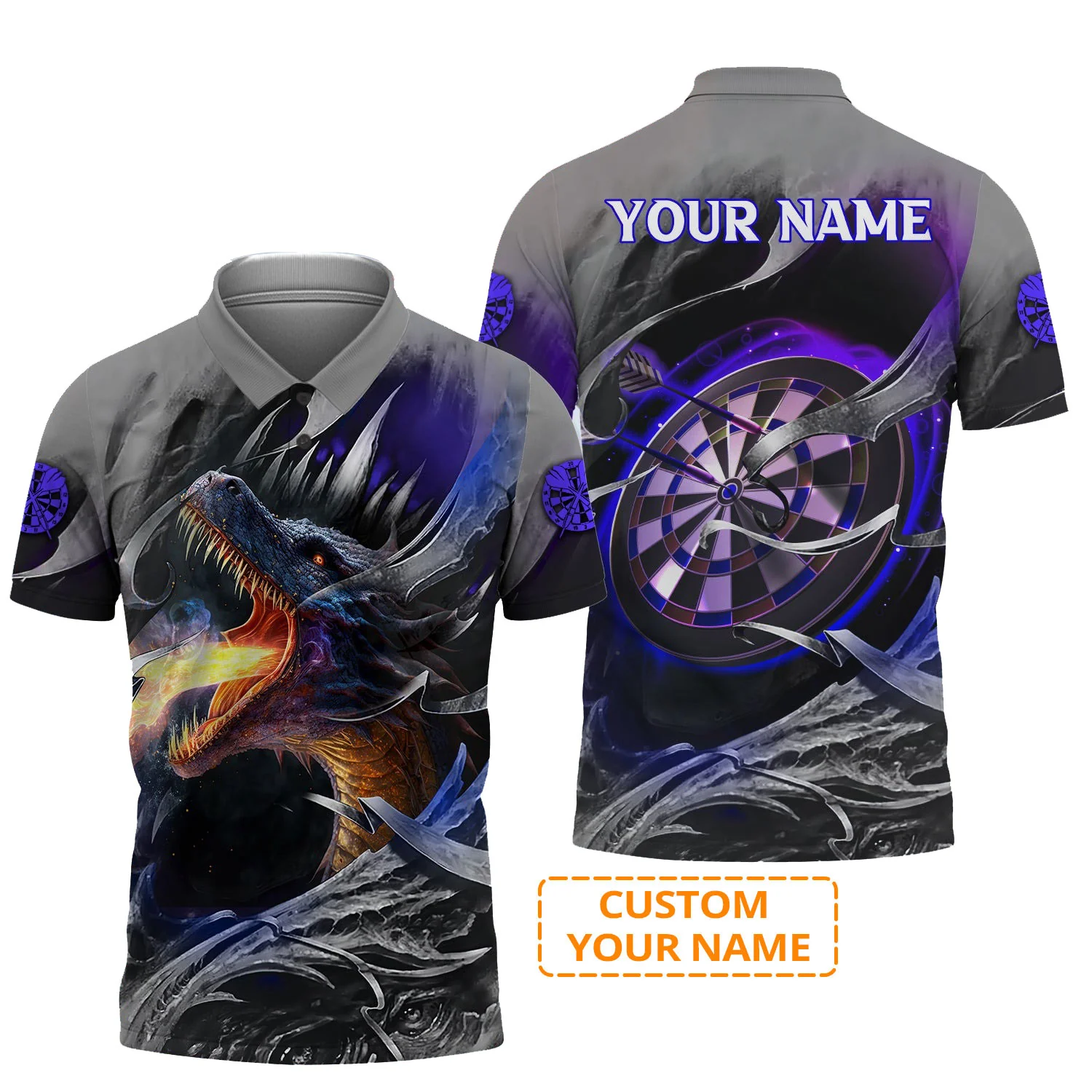 Customized Name Darts Men Polo Shirt, Bullseye Dartboard Personalized Flame Dragon And Darts Polo Shirt - Gift For Darts Players, Darts Lovers - Image 2