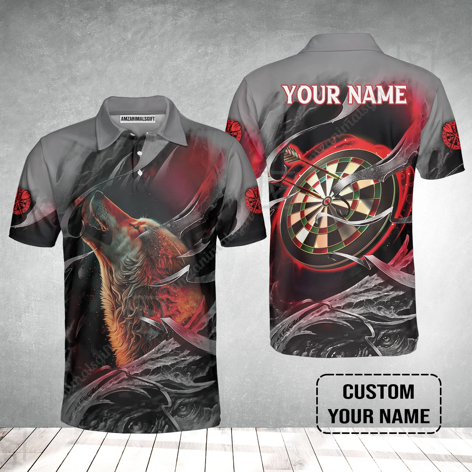 Customized Name Darts Men Polo Shirt, Bullseye Dartboard Personalized Flame Wolf And Darts Polo Shirt - Image 2