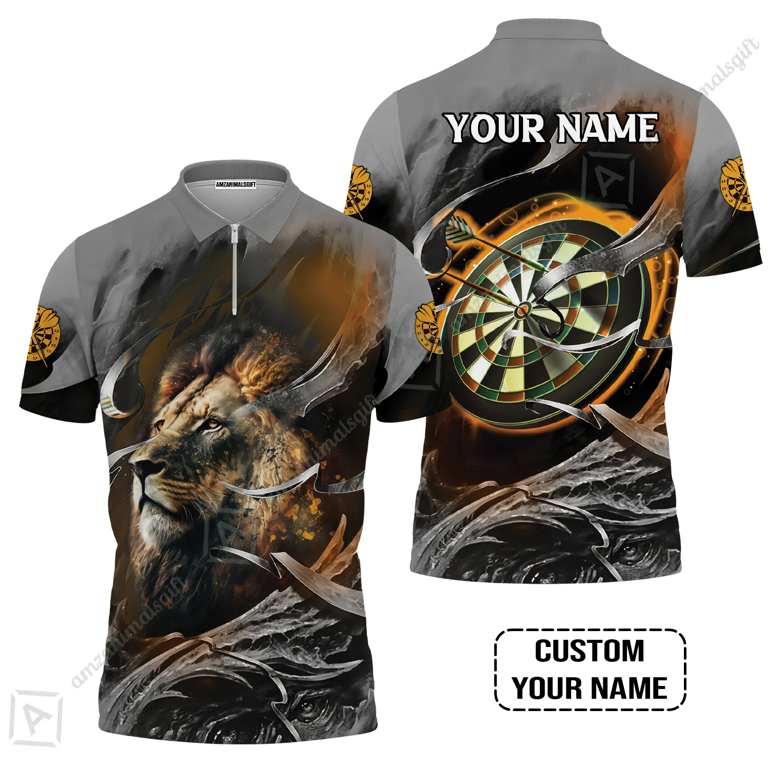 Customized Name Darts Men Polo Shirt, Bullseye Dartboard Personalized Lion And Darts Polo Shirt - Image 4