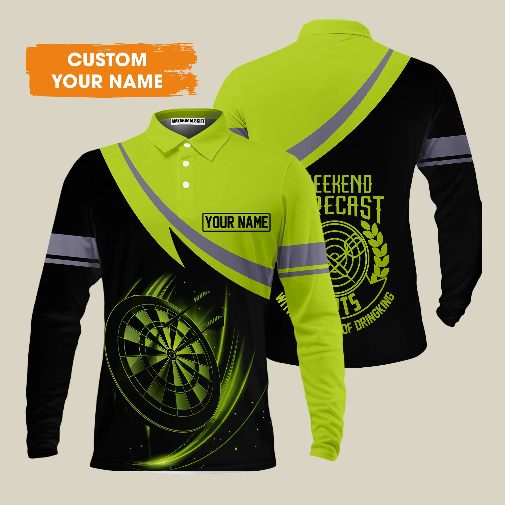 Customized Name Darts Men's Long Sleeve Polo Shirt, Personalized Name Weekend Forecast Darts Men's Long Sleeve Polo Shirt - Gift For Darts Lovers - Image 2