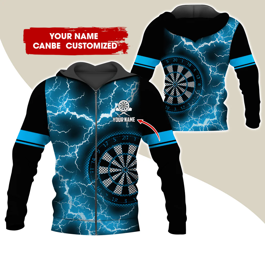 Customized Name Darts Premium Zip Hoodie, Personalized Name Thunder Lightning Zip Hoodie For Men & Women - Gift For Darts Lovers, Darts Players