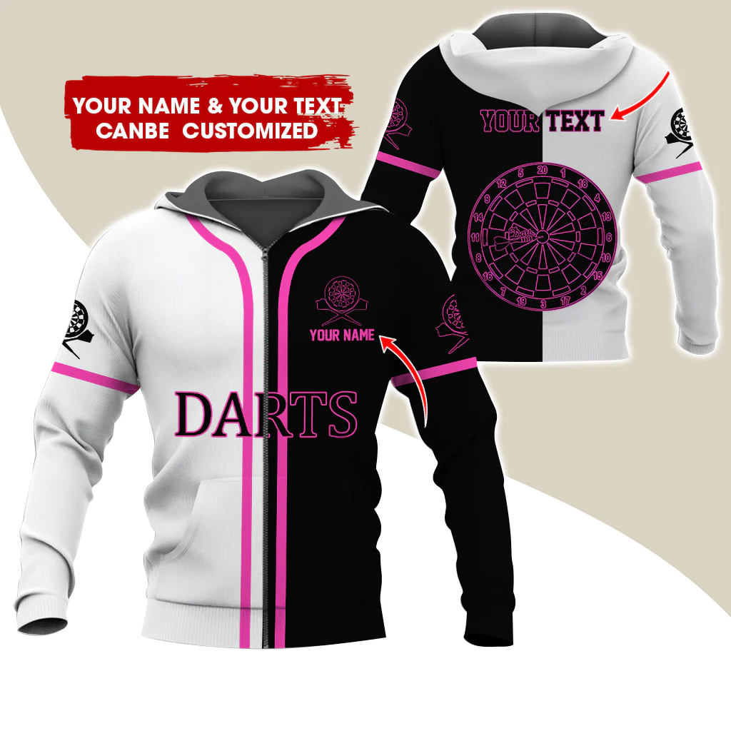 Customized Name Darts Premium Zip Hoodie, Personalized White & Black Pattern Darts Zip Hoodie For Men & Women - Gift For Darts Lovers, Darts Players - Image 6