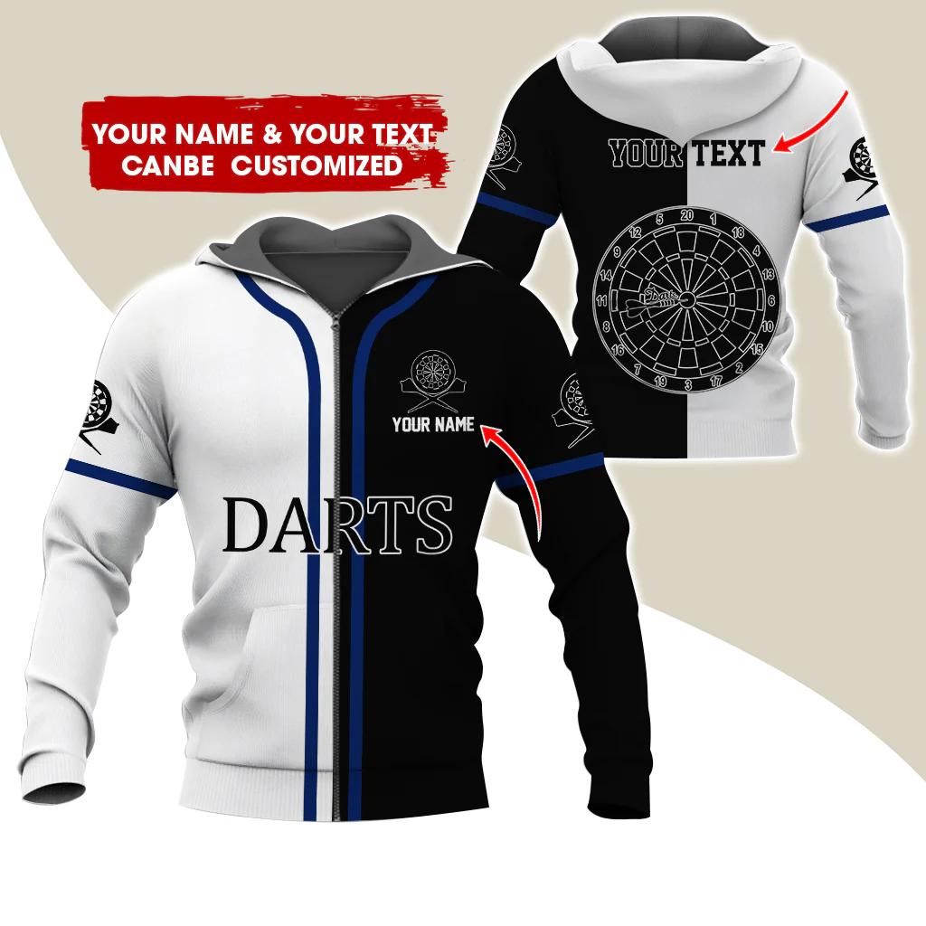Customized Name Darts Premium Zip Hoodie, Personalized White & Black Pattern Darts Zip Hoodie For Men & Women - Gift For Darts Lovers, Darts Players - Image 8