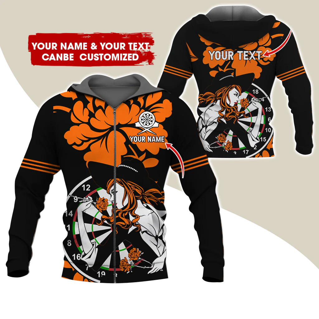 Customized Name Darts Rose Girl Premium Zip Hoodie, Custom Name & Text Dartboard Zip Hoodie For Men & Women - Gift For Darts Lovers, Darts Players - Image 3