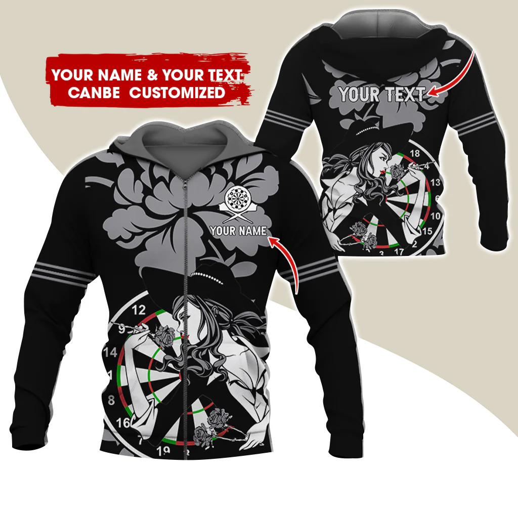 Customized Name Darts Rose Girl Premium Zip Hoodie, Custom Name & Text Dartboard Zip Hoodie For Men & Women - Gift For Darts Lovers, Darts Players - Image 5