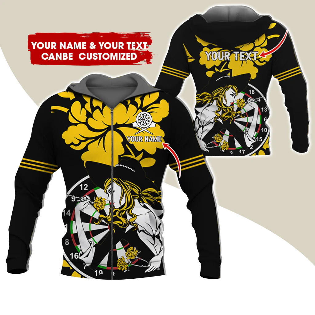 Customized Name Darts Rose Girl Premium Zip Hoodie, Custom Name & Text Dartboard Zip Hoodie For Men & Women - Gift For Darts Lovers, Darts Players - Image 6