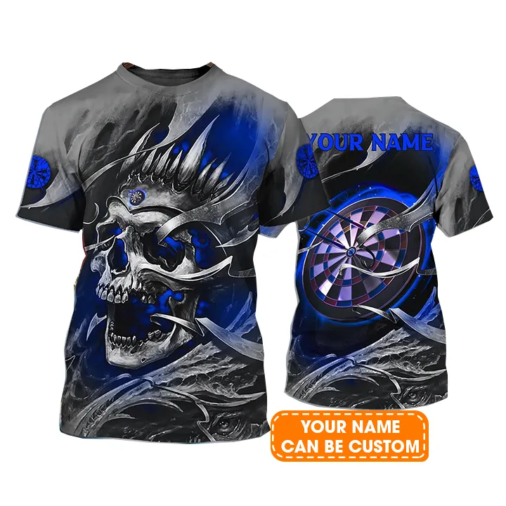 Customized Name Darts T Shirt, Blue Skull Light Dartboard Personalized T Shirt For Men - Gift For Darts Lovers, Darts Player - Image 2